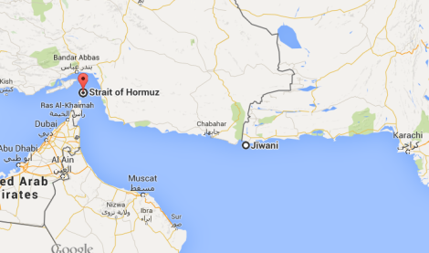 Map shows Strait of Hormuz and Jiwani 
